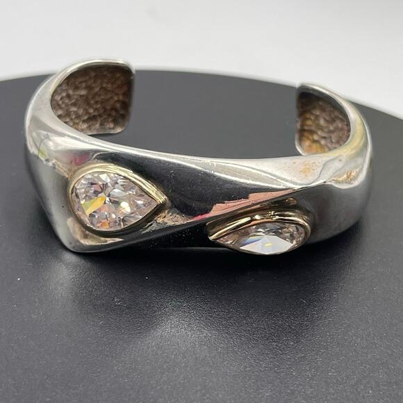 Sterling Silver‎ Pear Shaped Faceted Glass Bezel Set 14K Arched Cuff Bracelet Sm - Picture 4 of 8